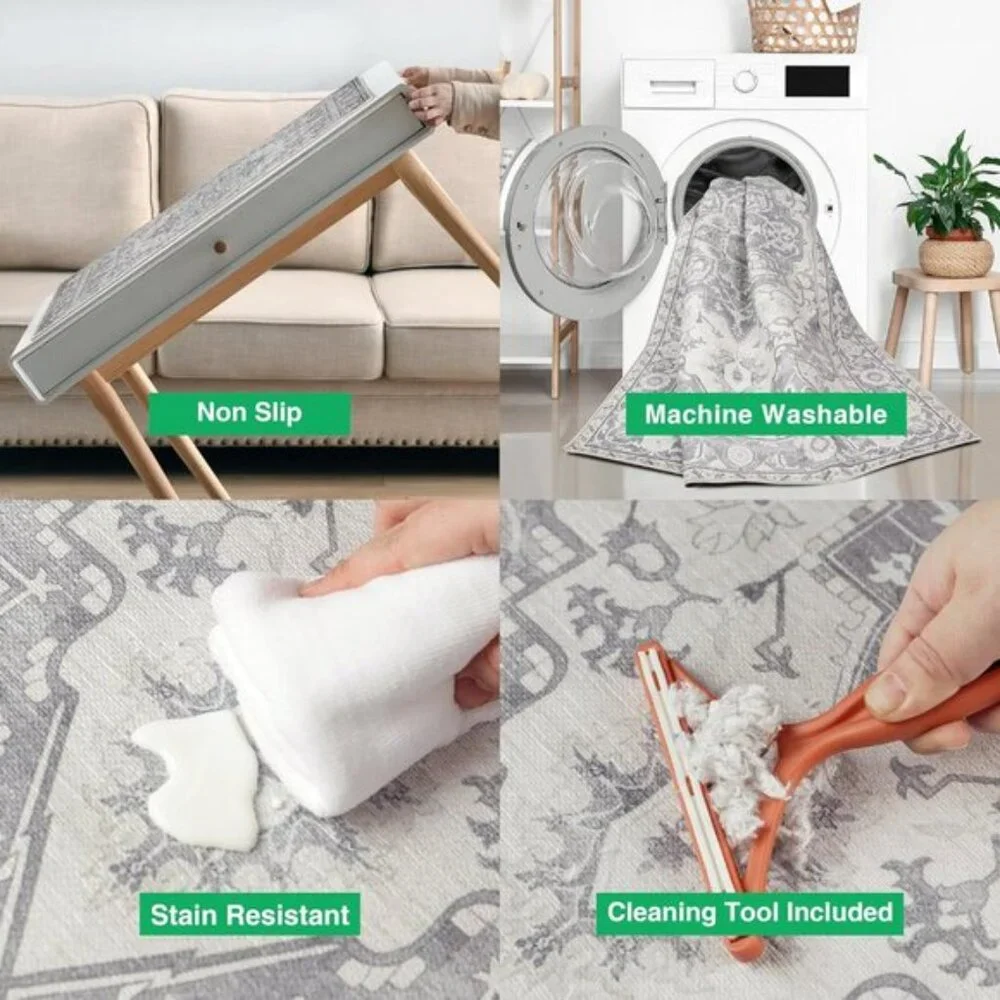 New 8x10 Washable Area Rug, Soft, Thin, Non-Skid Vintage Carpet for Living Room